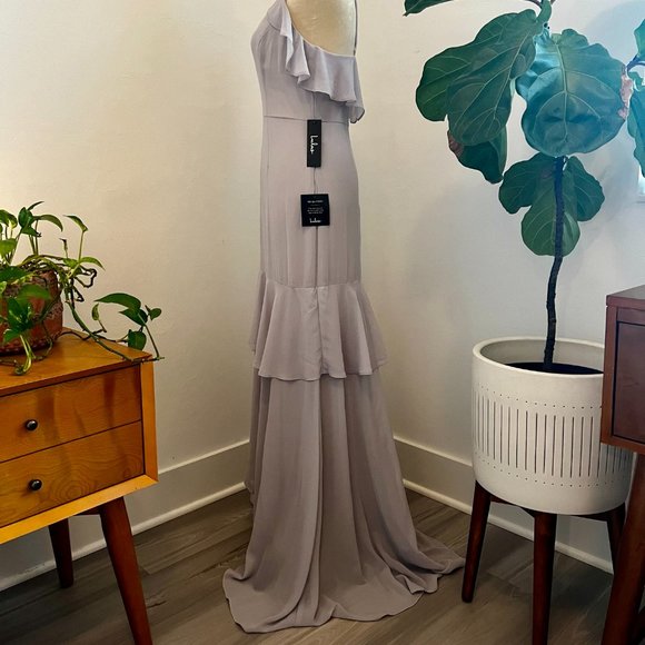 NWT Lulus Cherish the Moment Light Grey Ruffled High-Low Maxi Dress - Size Med - Picture 6 of 12